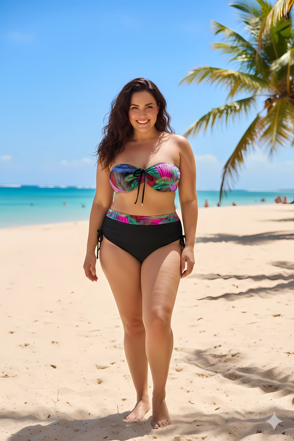 Kadın Siyah Çok Renk Desenli  Astarlı Büyük Beden Bikini Takımı HZL25S-LC03