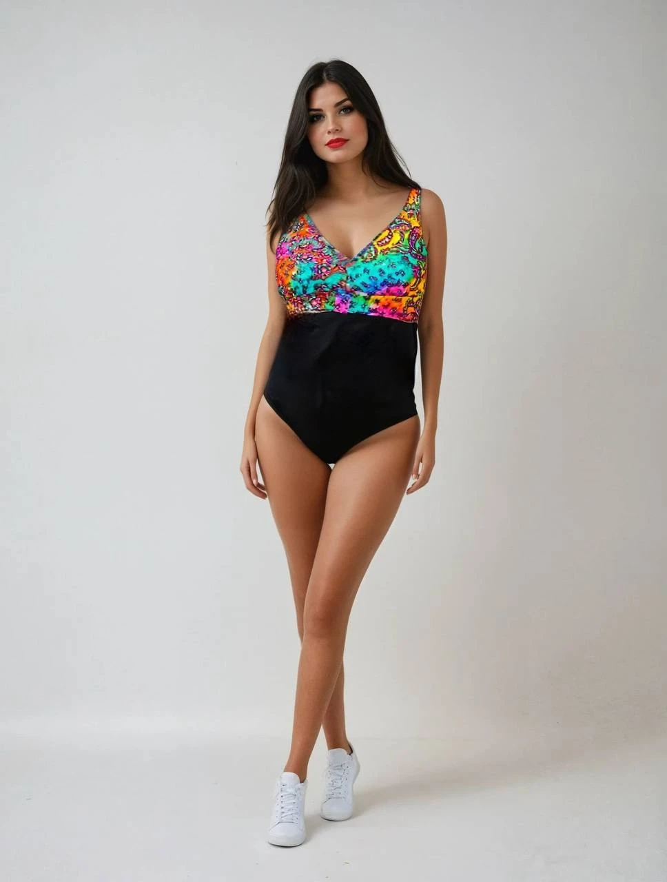 Kadın Siyah Çok Renkli V Yaka Yüzücü Mayo HZL25S-LC4008