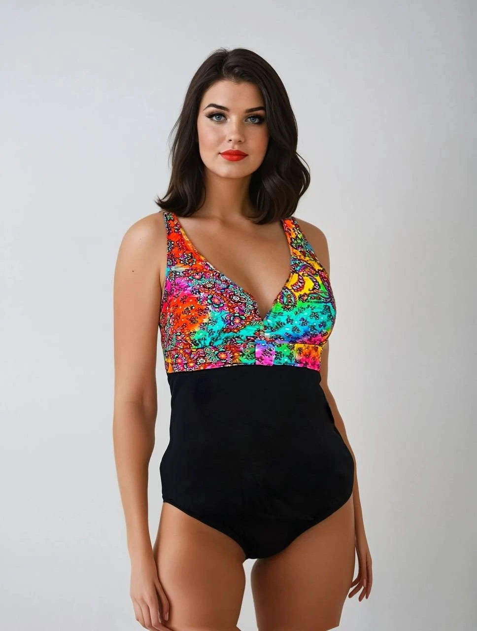 Kadın Siyah Çok Renkli V Yaka Yüzücü Mayo HZL25S-LC4008