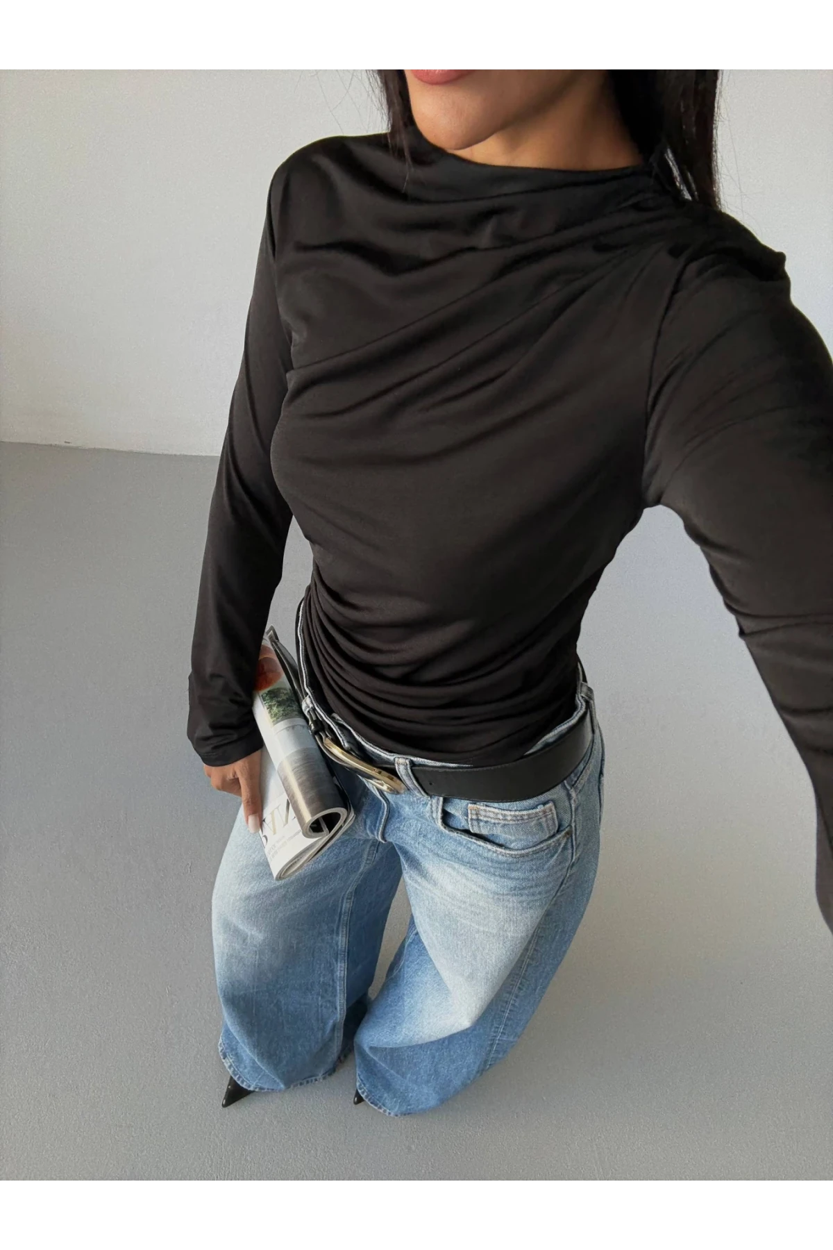 Kadın Siyah Drape Detaylı İspanyol Kol Sany Bluz HZL25W-FRY123431