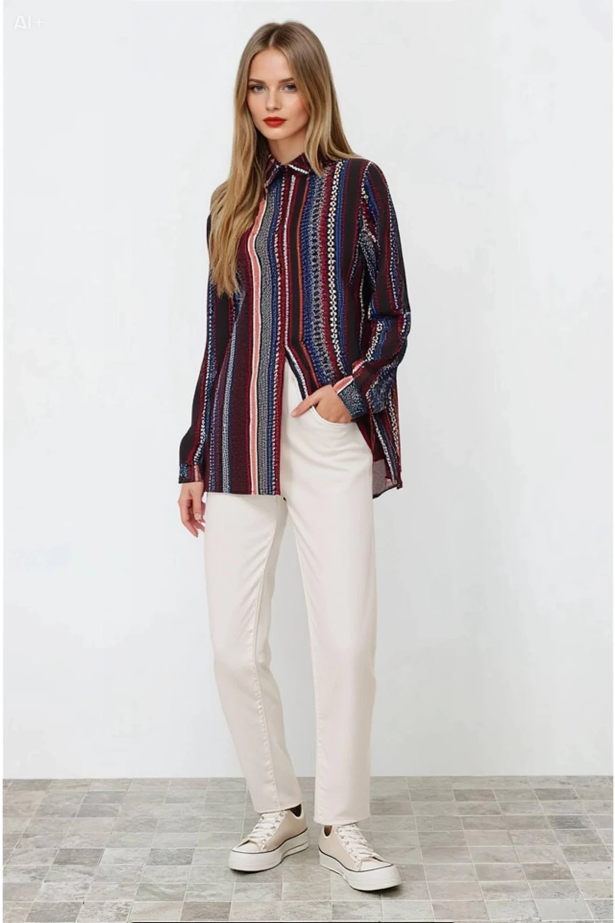 Kadın Siyah Etnik Desenli Çok Renkli Viskon Gömlek HZL23W-BD137851