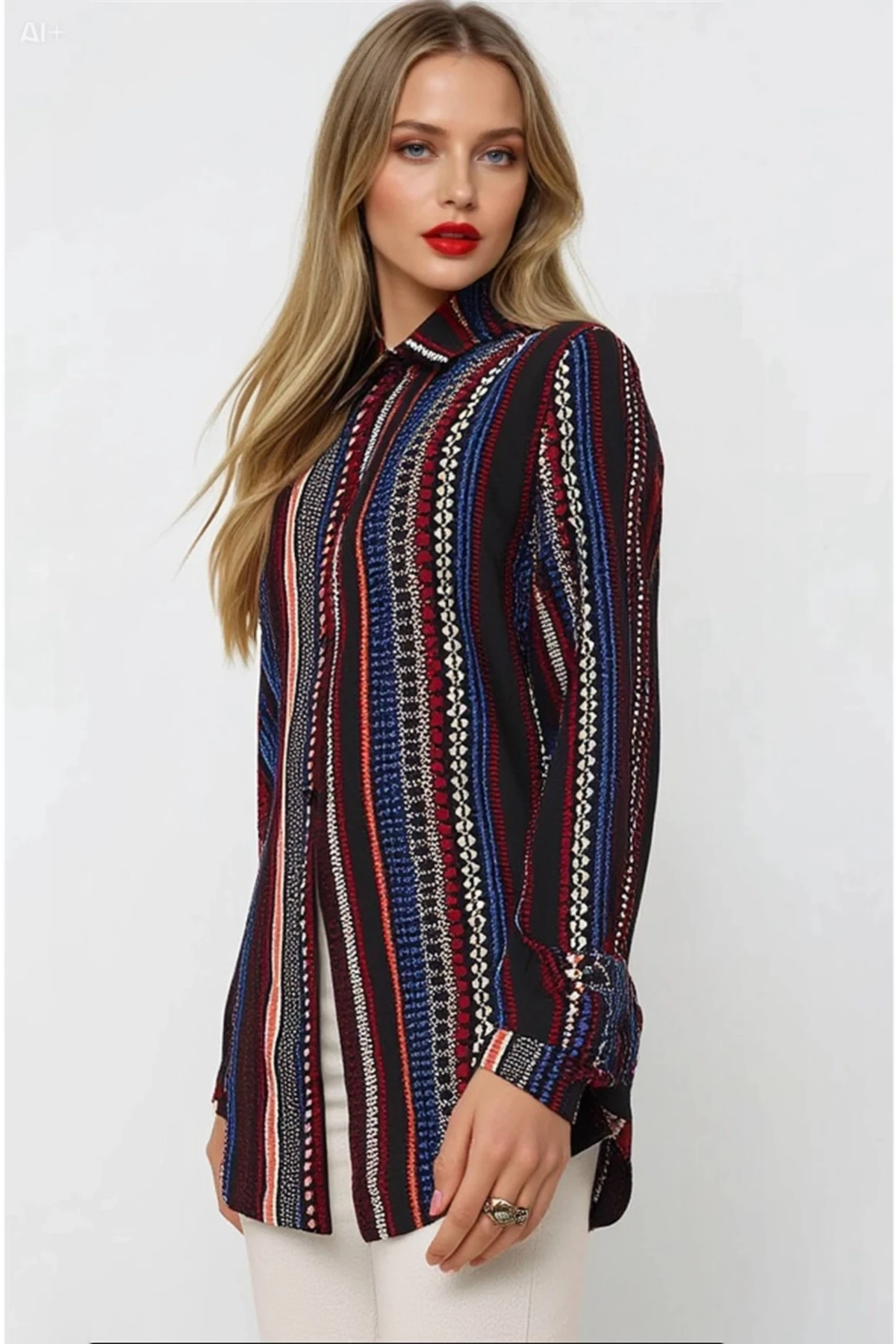 Kadın Siyah Etnik Desenli Çok Renkli Viskon Gömlek HZL23W-BD137851