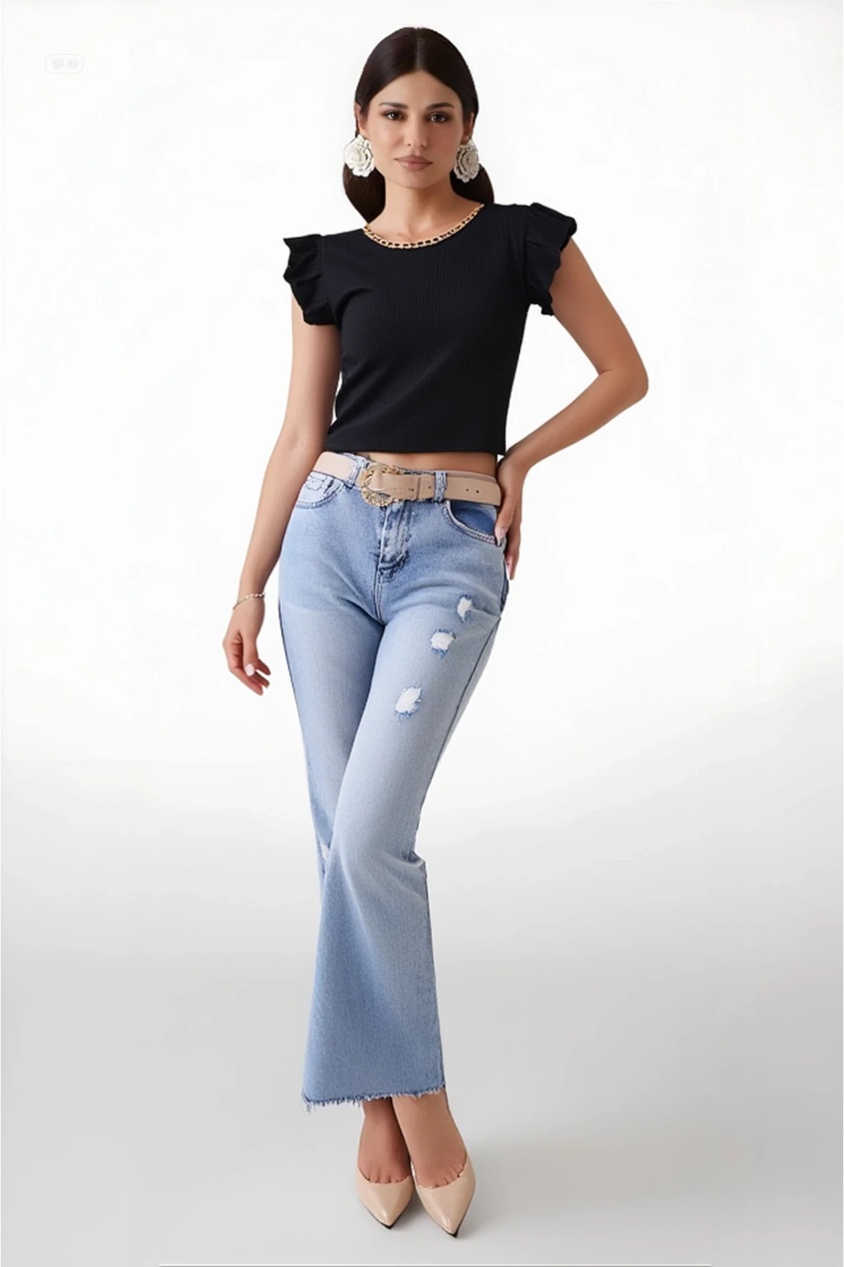 Kadın Siyah Fırfır Kollu Zincir Kolyeli Örme Bluz HZL22S-BD104301