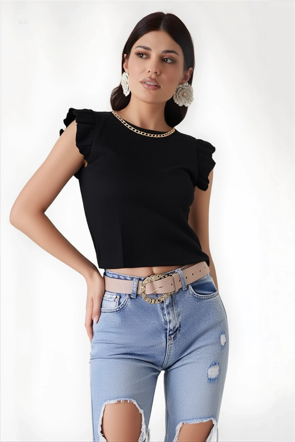 Kadın Siyah Fırfır Kollu Zincir Kolyeli Örme Bluz HZL22S-BD104301