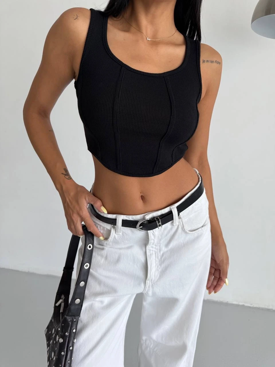 Kadın Siyah Fitilli Kaşkorse Crop Bluz HZL25S-FRY123171