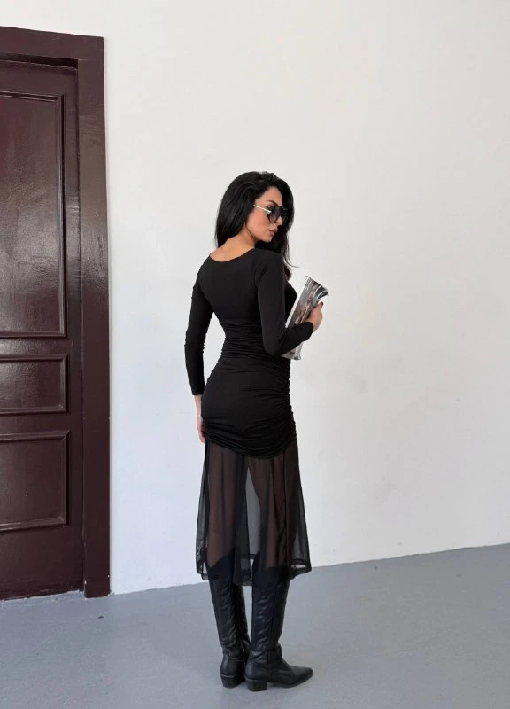 Kadın Siyah Kare Yaka Eteği Tül Elbise HZL25W-FRY123561