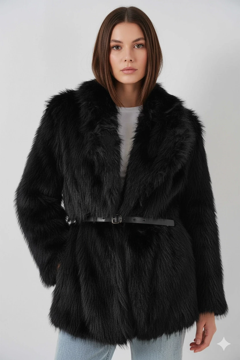 Kadın Siyah Kemer Detaylı Astarlı Peluş Kürk Mont HZL25W-BD191561