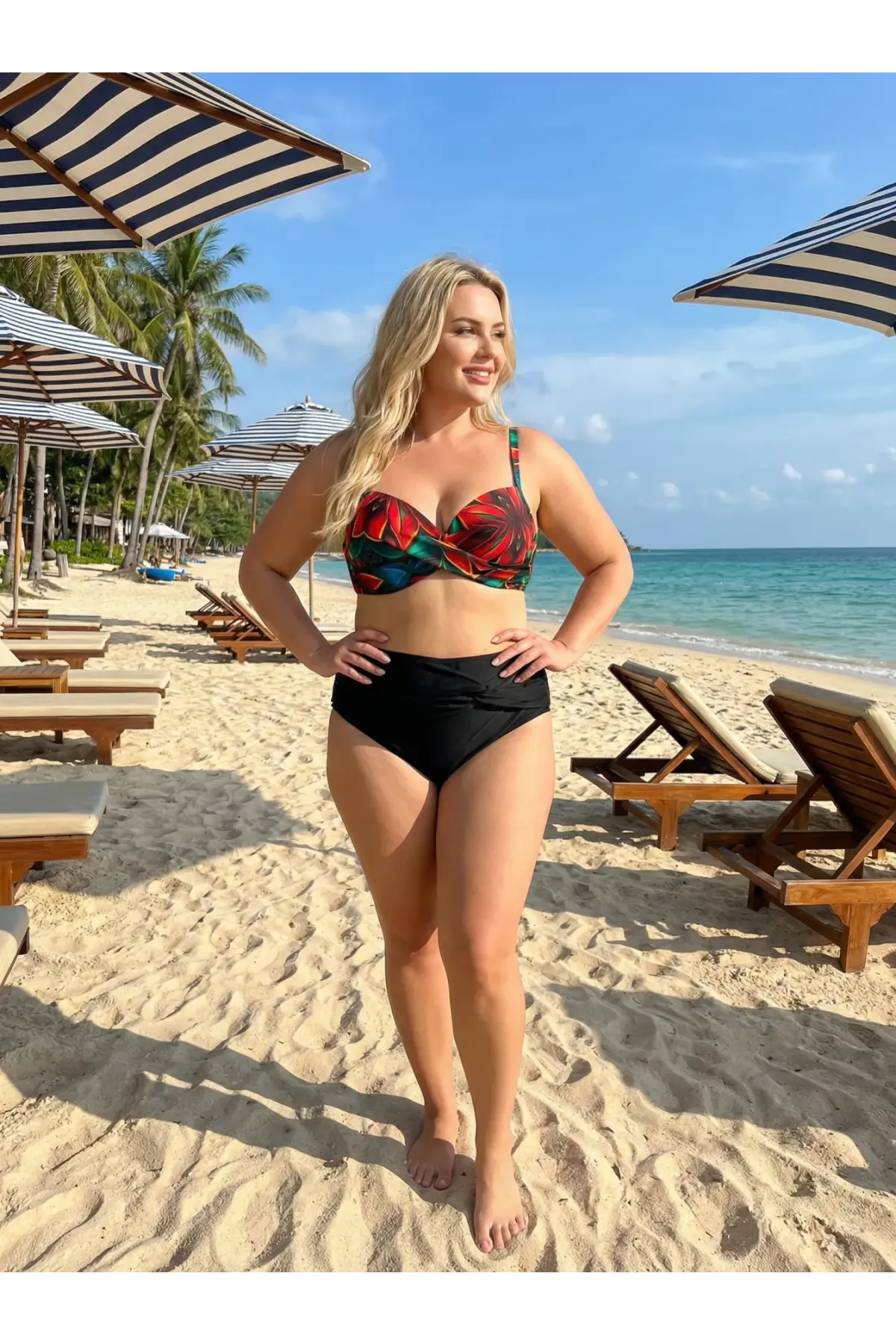 Kadın Siyah Kırmızı Çiçek Desenli Astarlı Büyük Beden Bikini Takımı HZL25S-LC24108