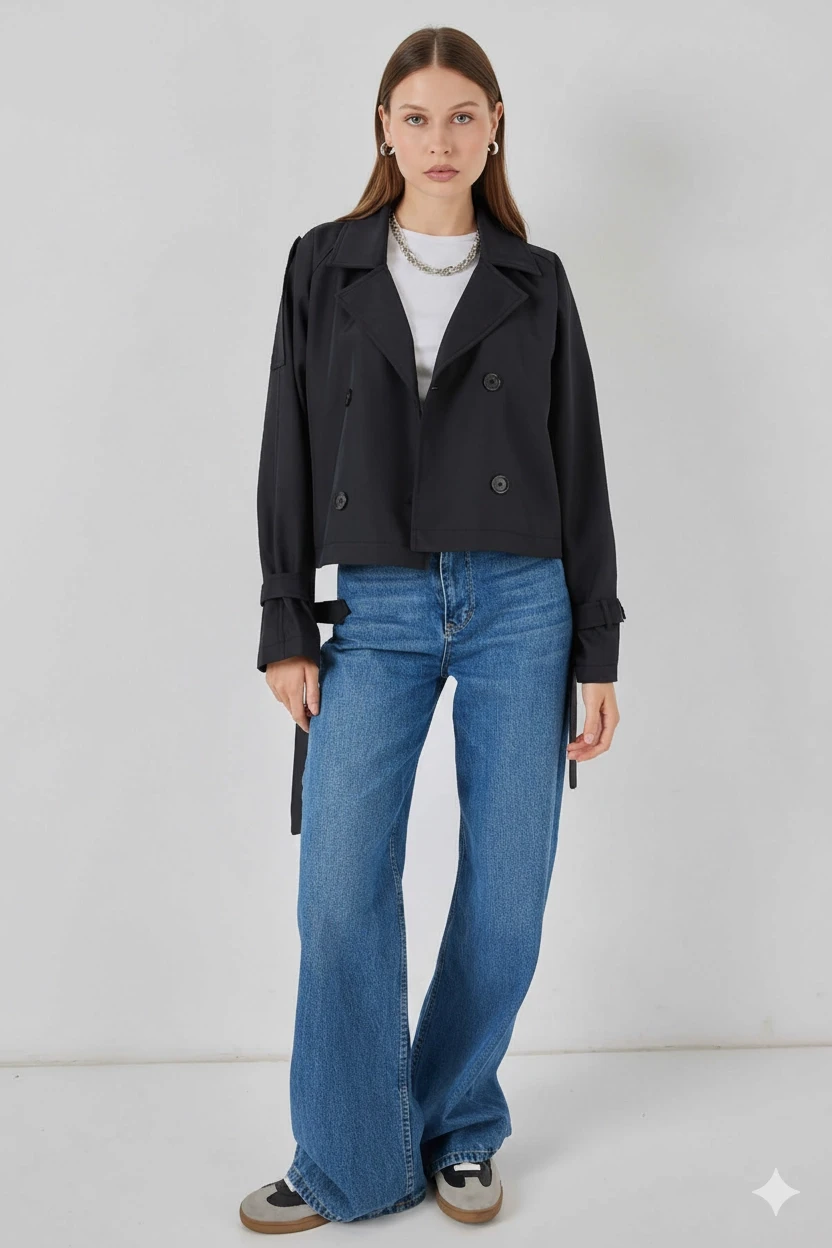 Kadın Siyah Kruvaze Yaka Kuşaklı Astarlı Kısa Trençkot HZL25W-BD159701