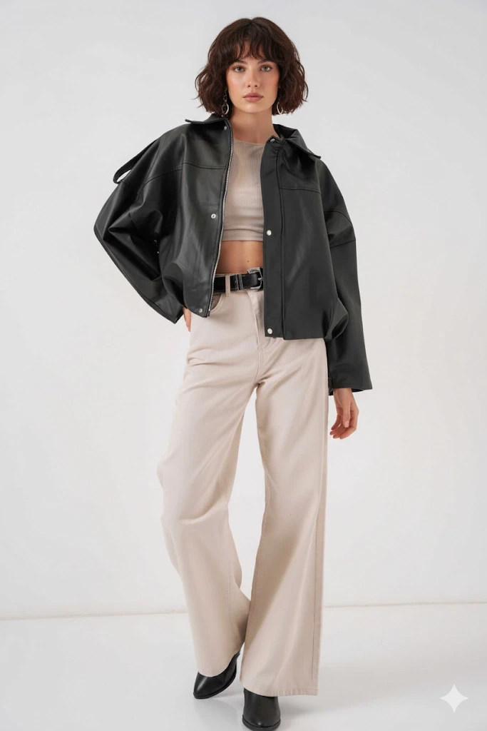 Kadın Siyah Oversize Fermuarlı ve Düğmeli Yandan Cepli Suni Deri Ceket HZL25W-BD110551