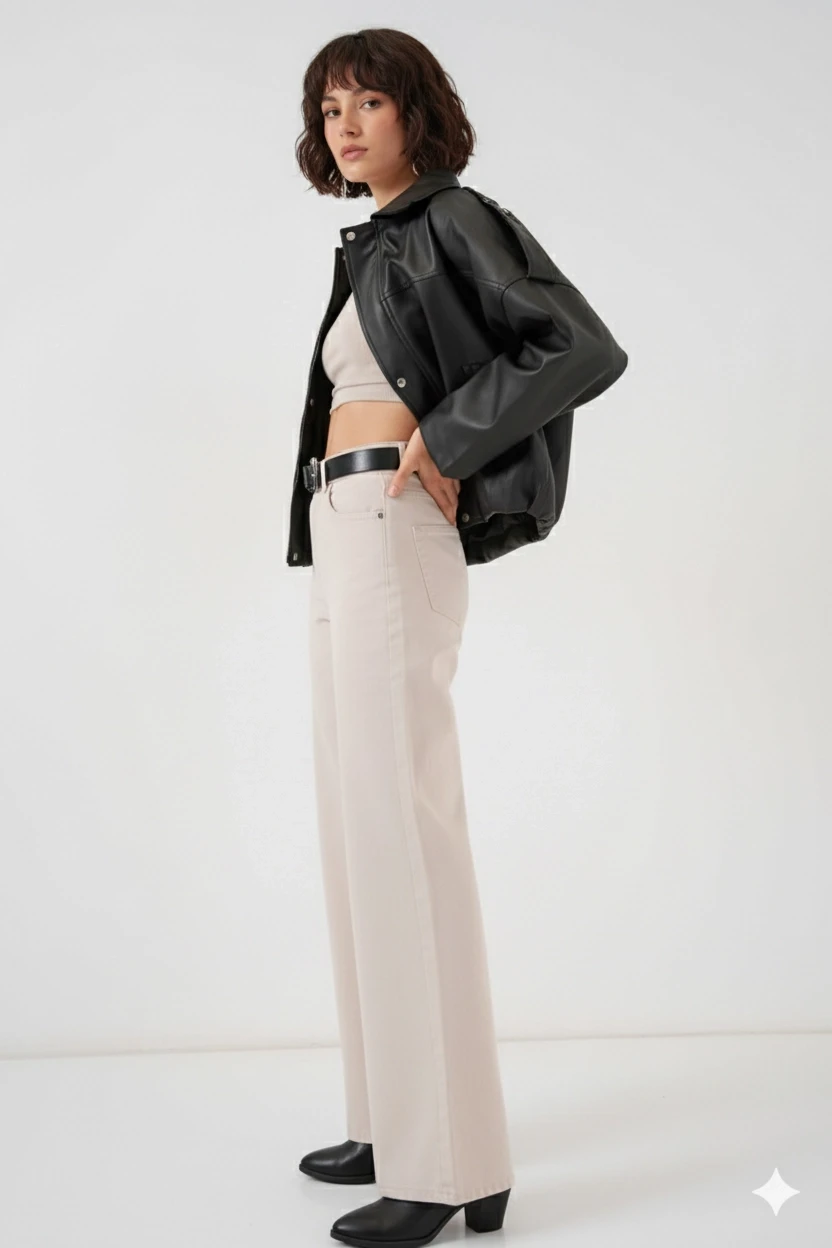 Kadın Siyah Oversize Fermuarlı ve Düğmeli Yandan Cepli Suni Deri Ceket HZL25W-BD110551