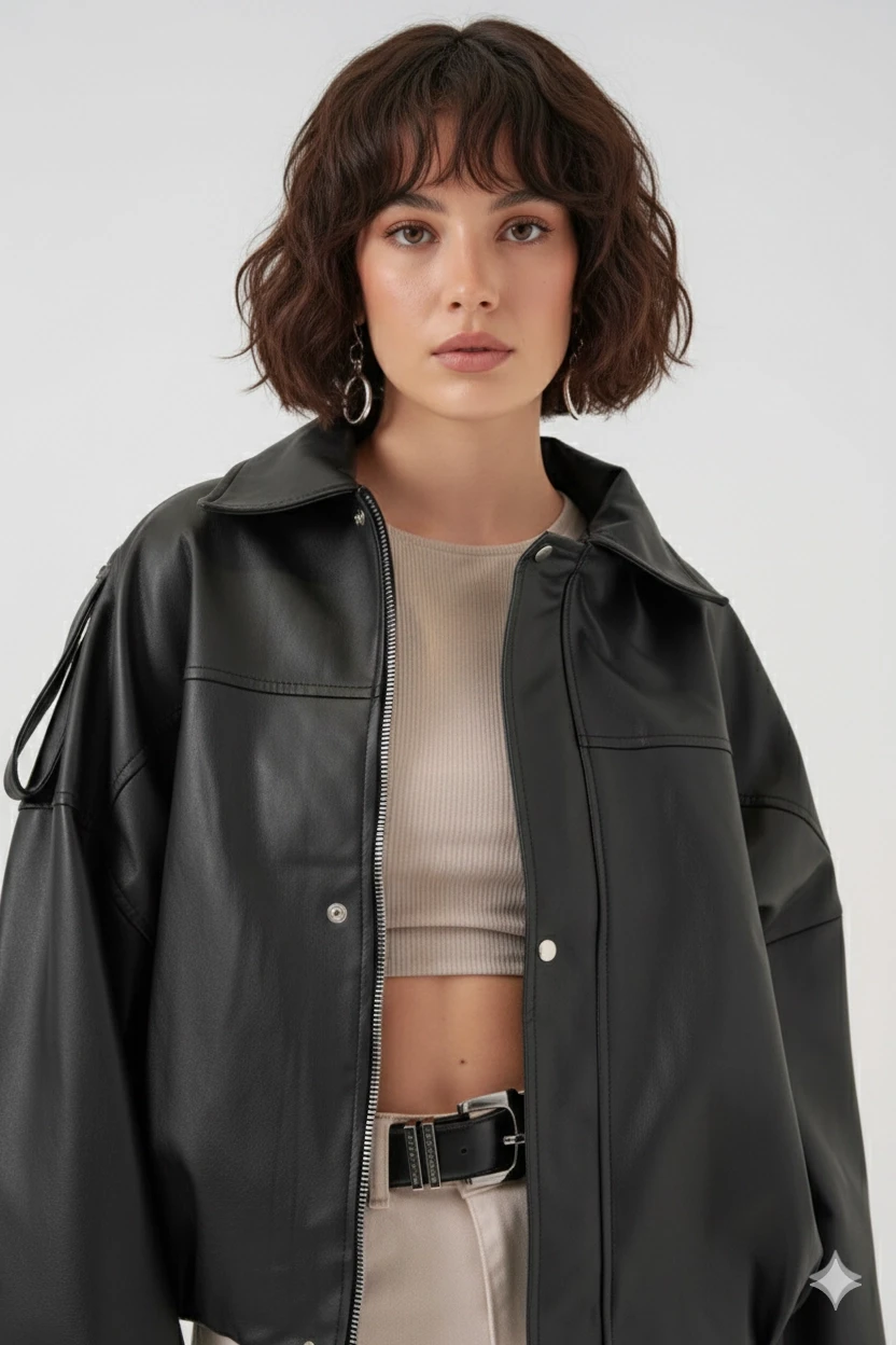 Kadın Siyah Oversize Fermuarlı ve Düğmeli Yandan Cepli Suni Deri Ceket HZL25W-BD110551