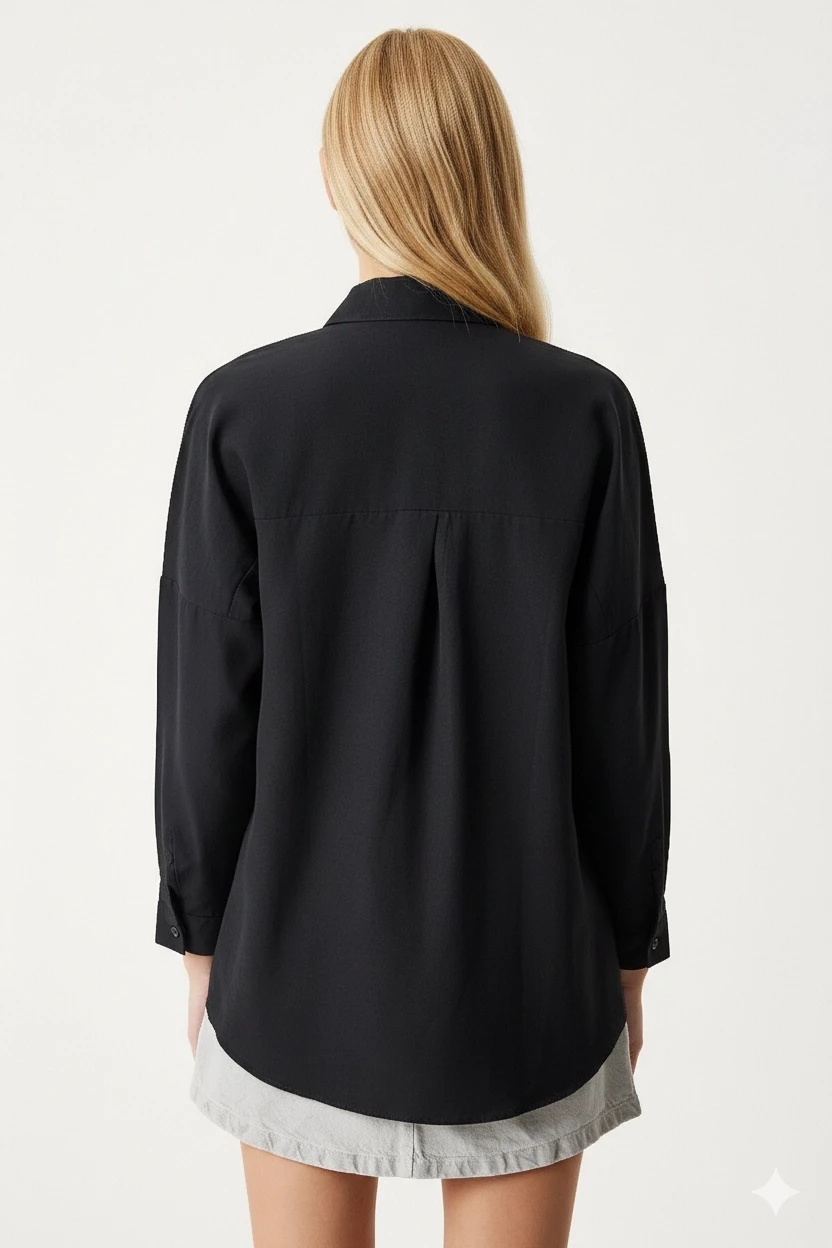 Kadın Siyah Oversize Uzun Basic Gömlek HZL22W-BD139001