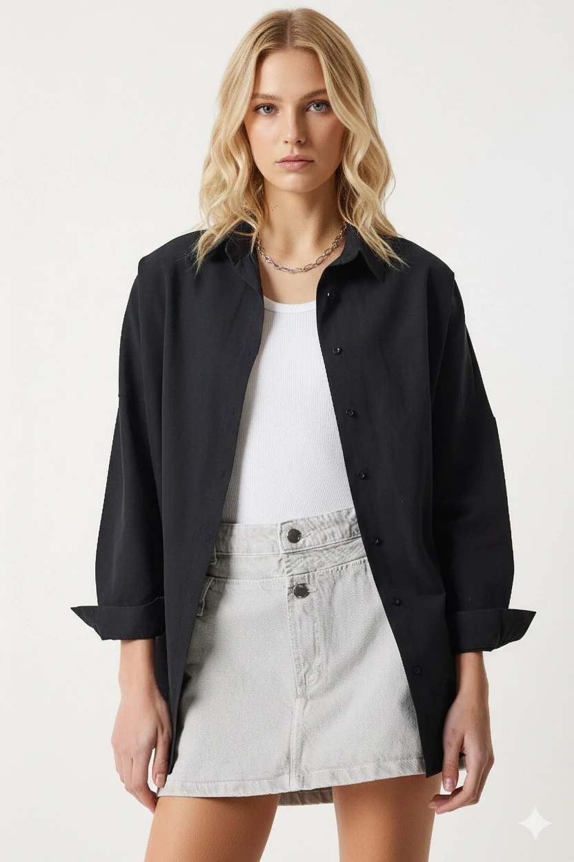Kadın Siyah Oversize Uzun Basic Gömlek HZL22W-BD139001