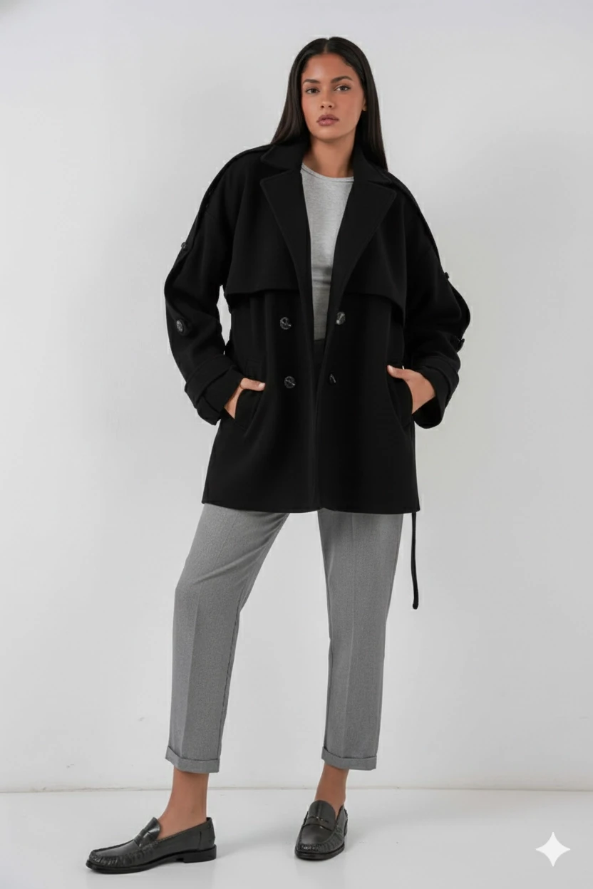 Kadın Siyah Premium Midi Boy Astarlı Kaşe Kaban HZL25W-BD191571