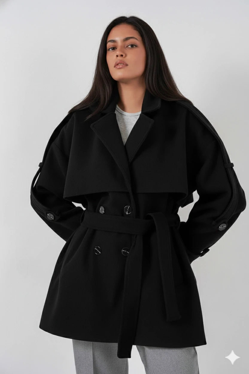 Kadın Siyah Premium Midi Boy Astarlı Kaşe Kaban HZL25W-BD191571