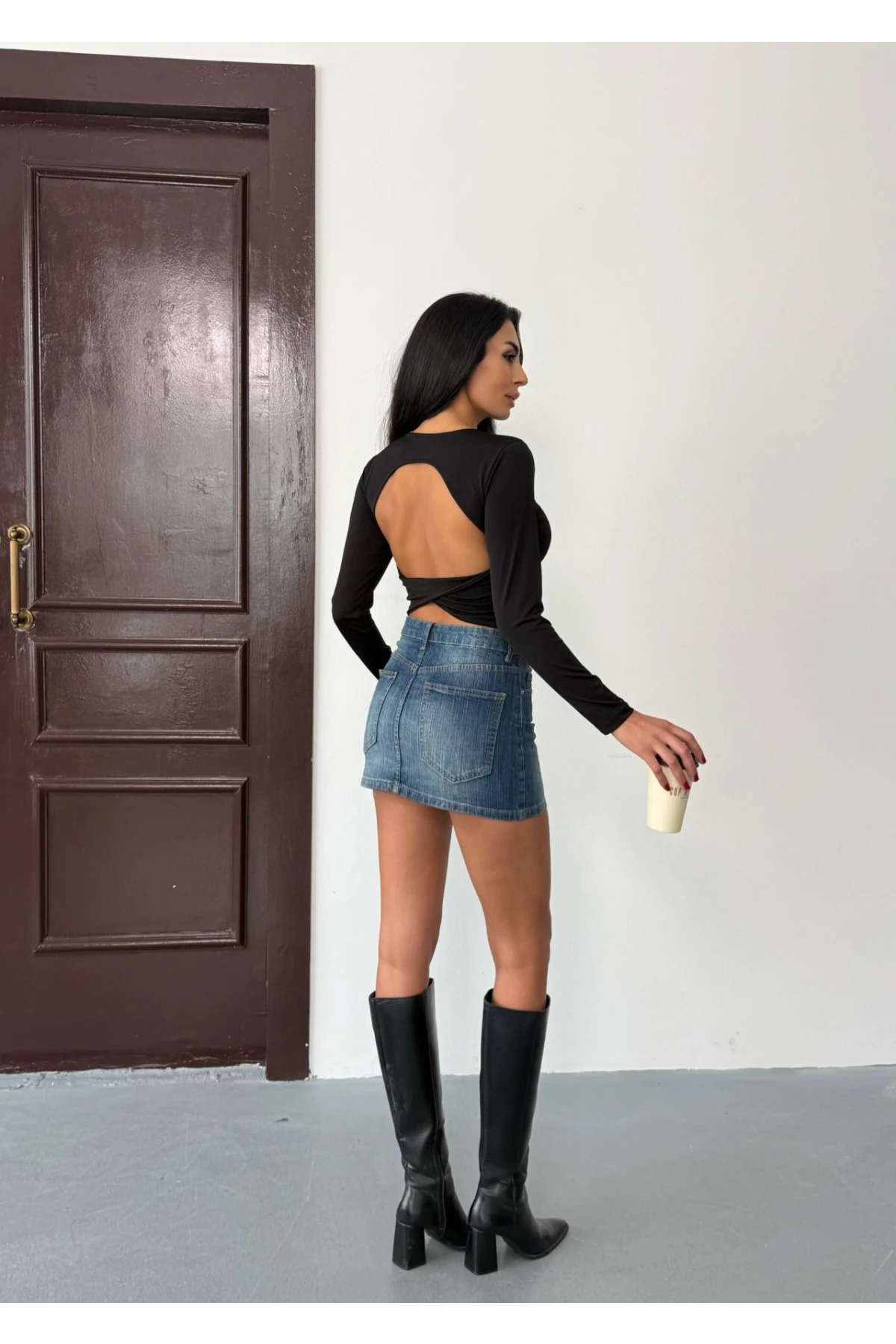 Kadın Siyah Sırt Dekolteli  Uzun Kollu Sandy Bluz HZL25W-FRY123381