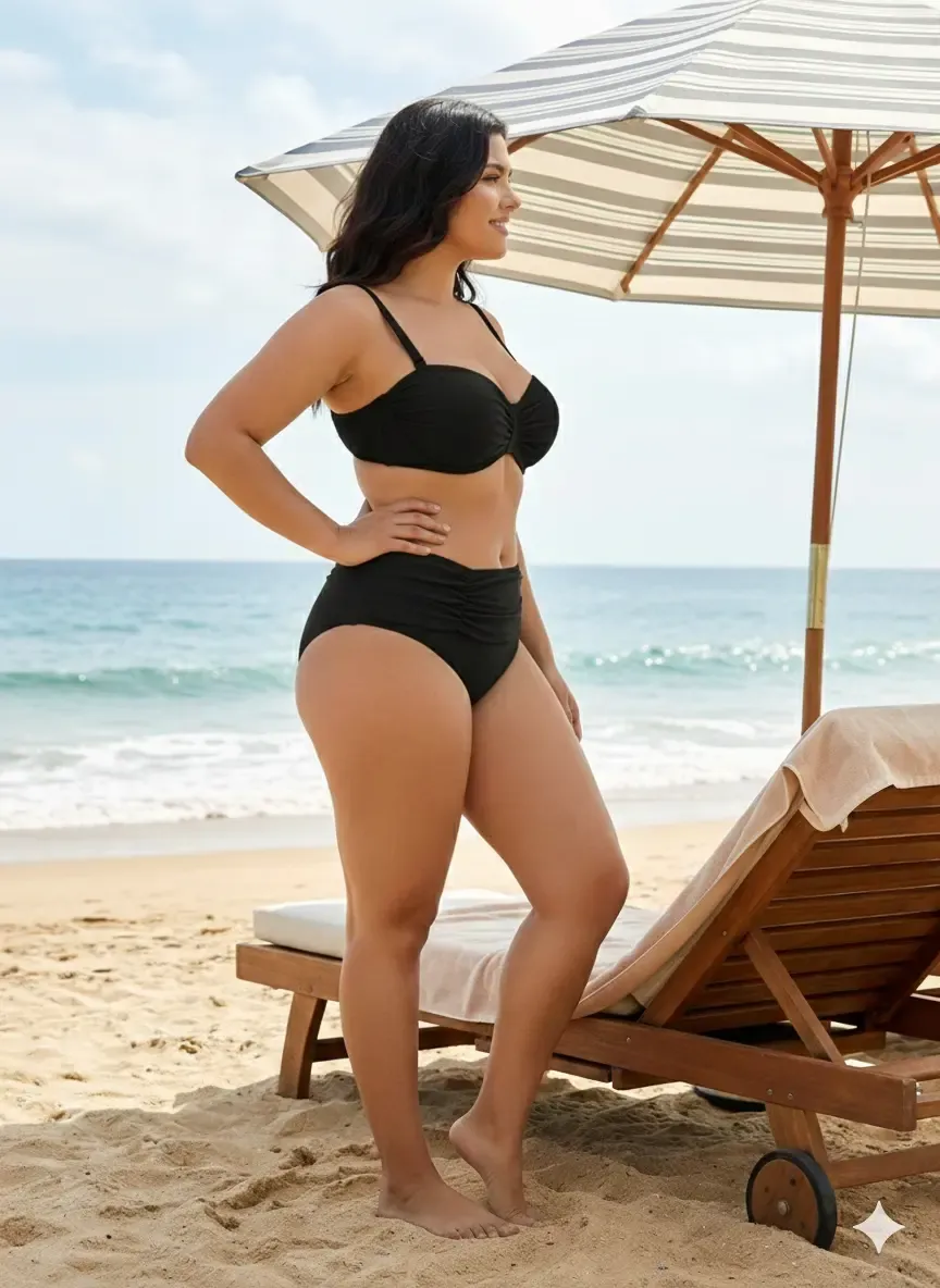 Kadın Siyah Taş İşlemeli Astarlı Büyük Beden Bikini Takımı HZL25S-LC01