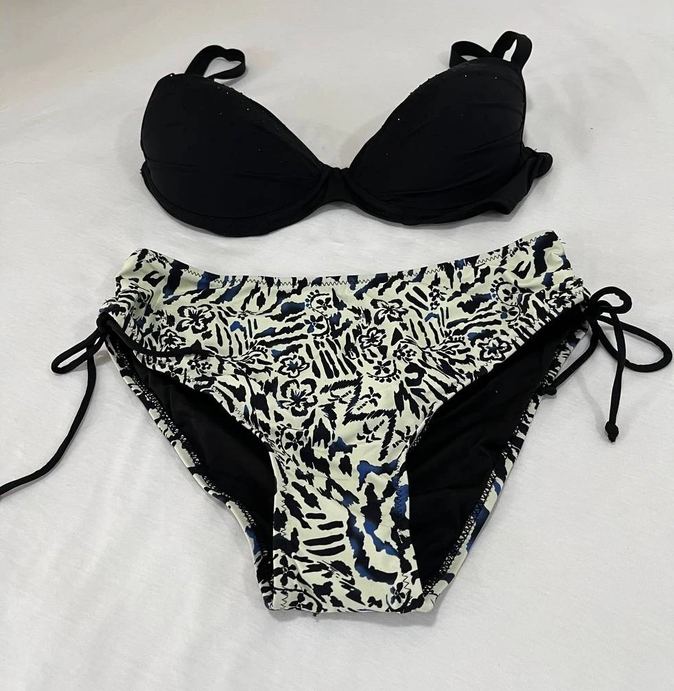 Kadın Siyah Taş İşlemeli Bej Desenli Astarlı Büyük Beden Bikini Takımı HZL25S-LC3351