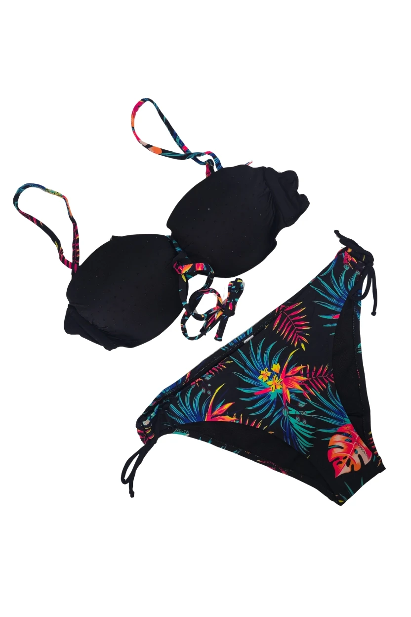 Kadın Siyah Taş İşlemeli Desenli Astarlı Bikini Takım HZL25S-LC209