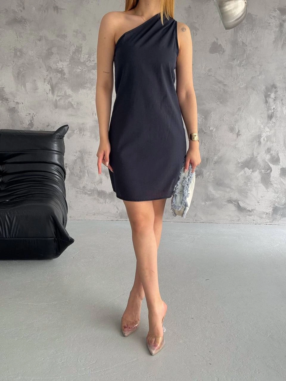 Kadın Siyah Tek Omuz Mini Elbise HZL25S-FRY121791