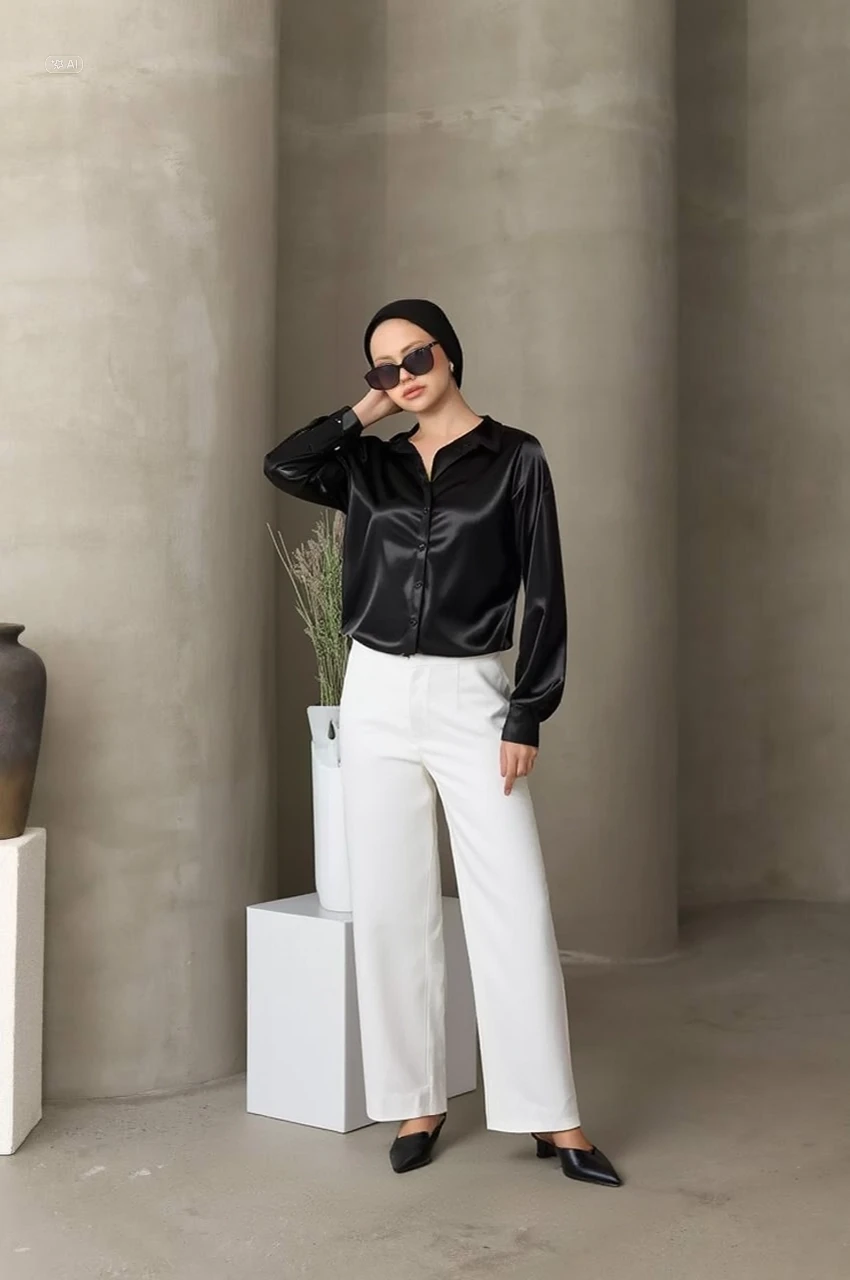 Kadın Siyah Tesettür Küçük ve Büyük Bedenler Hafif Dökümlü Saten Yüzeyli Gömlek HZL25W-BD139641