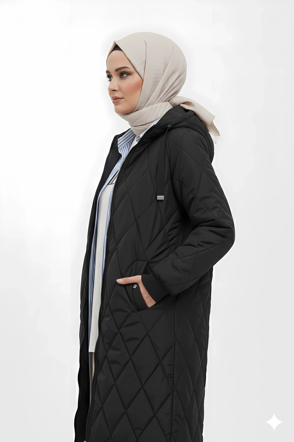 Kadın Siyah Uzun Kapitone Astarlı Şişme Tesettür Mont HZL25W-BD151381