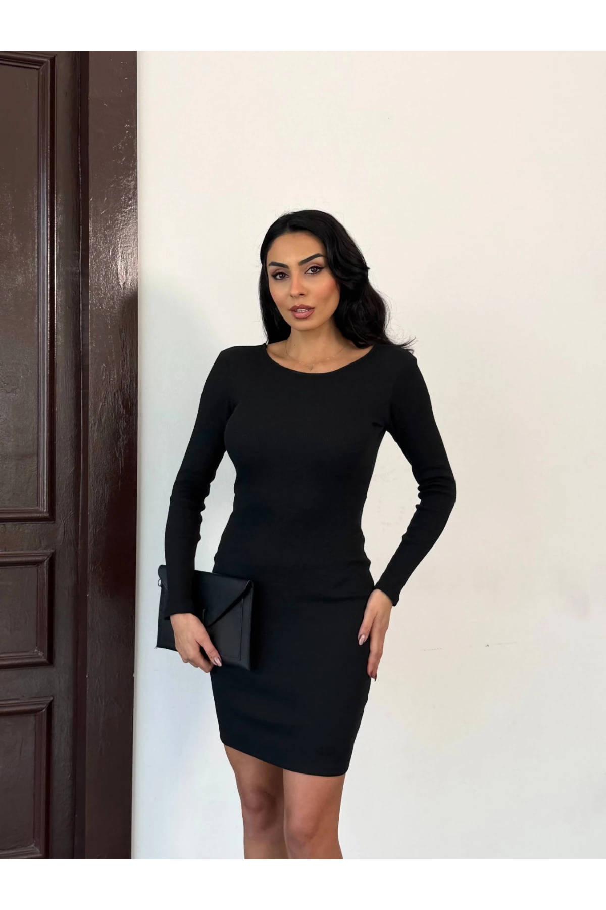 Kadın Siyah Uzun Kollu İp Bağlamalı Sırt Dekolteli Kaşkorse Mini Elbise HZL25W-FRY120411