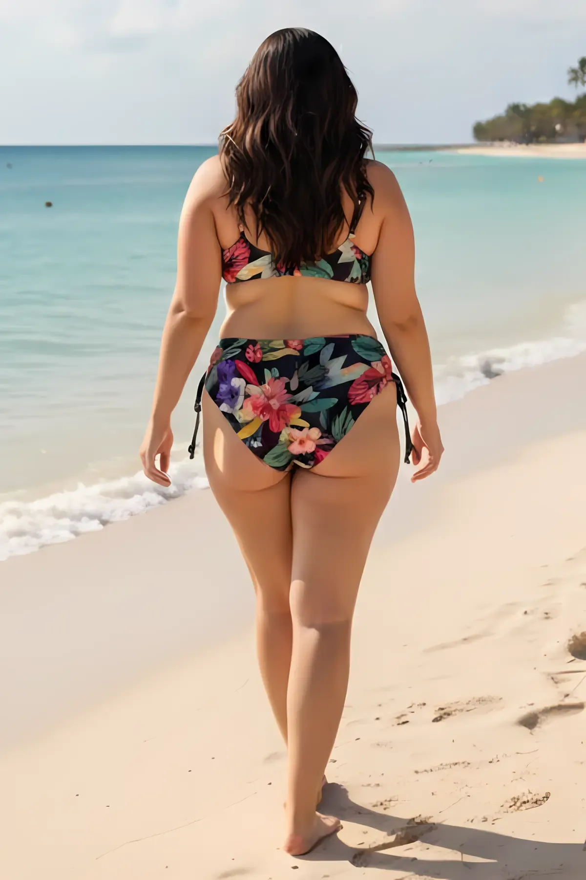 Kadın Siyah Yaprak Desenli Askılı Yüksek Bel Toparlayıcı Büyük Beden Bikini Takım HZL24S-LC22625