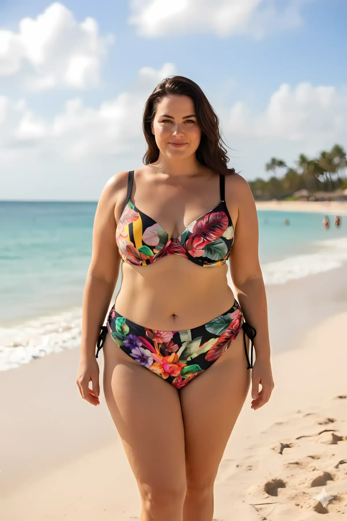 Kadın Siyah Yaprak Desenli Askılı Yüksek Bel Toparlayıcı Büyük Beden Bikini Takım HZL24S-LC22625