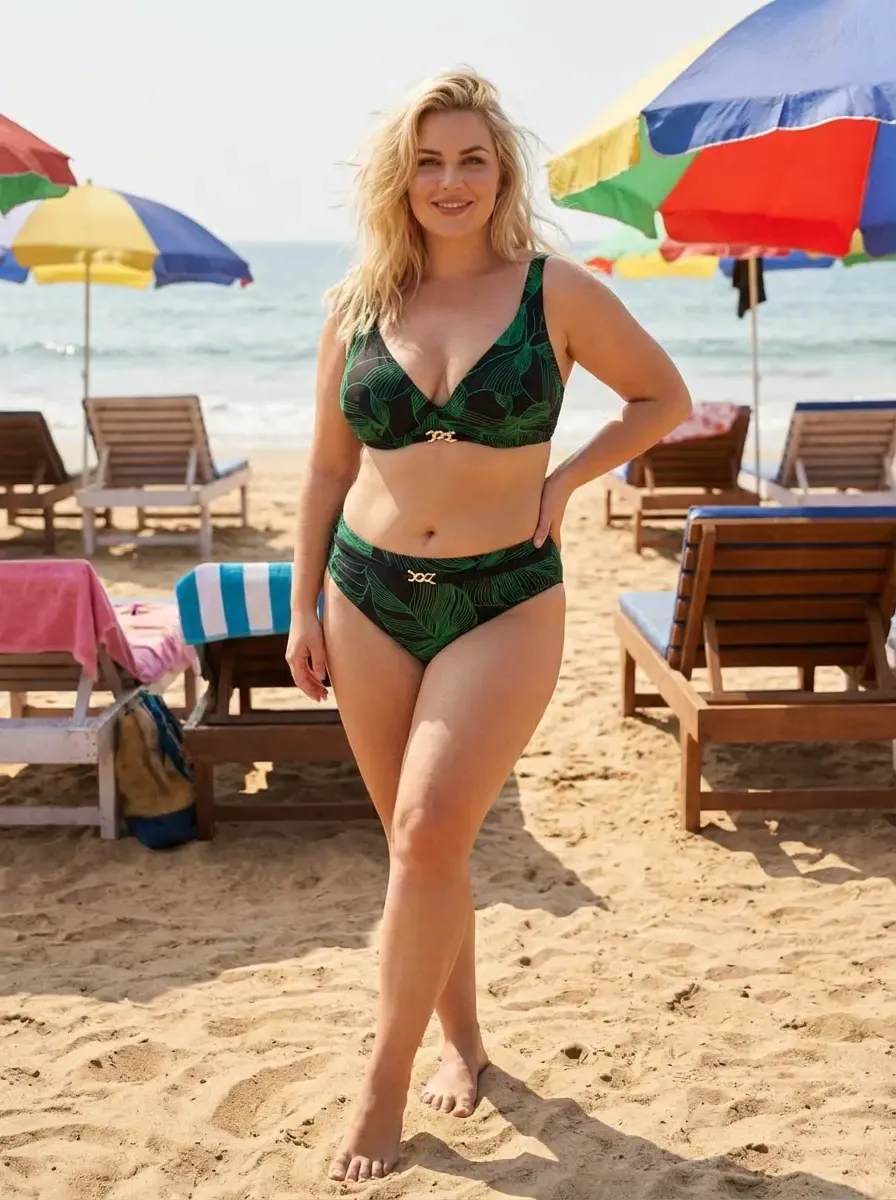 Kadın Siyah Yeşil Aksesuar Detaylı Astarlı Büyük Beden Bikini Takımı HZL25S-LC25147