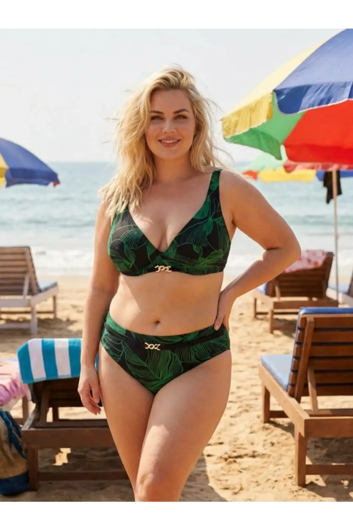 Kadın Siyah Yeşil Aksesuar Detaylı Astarlı Büyük Beden Bikini Takımı HZL25S-LC25147