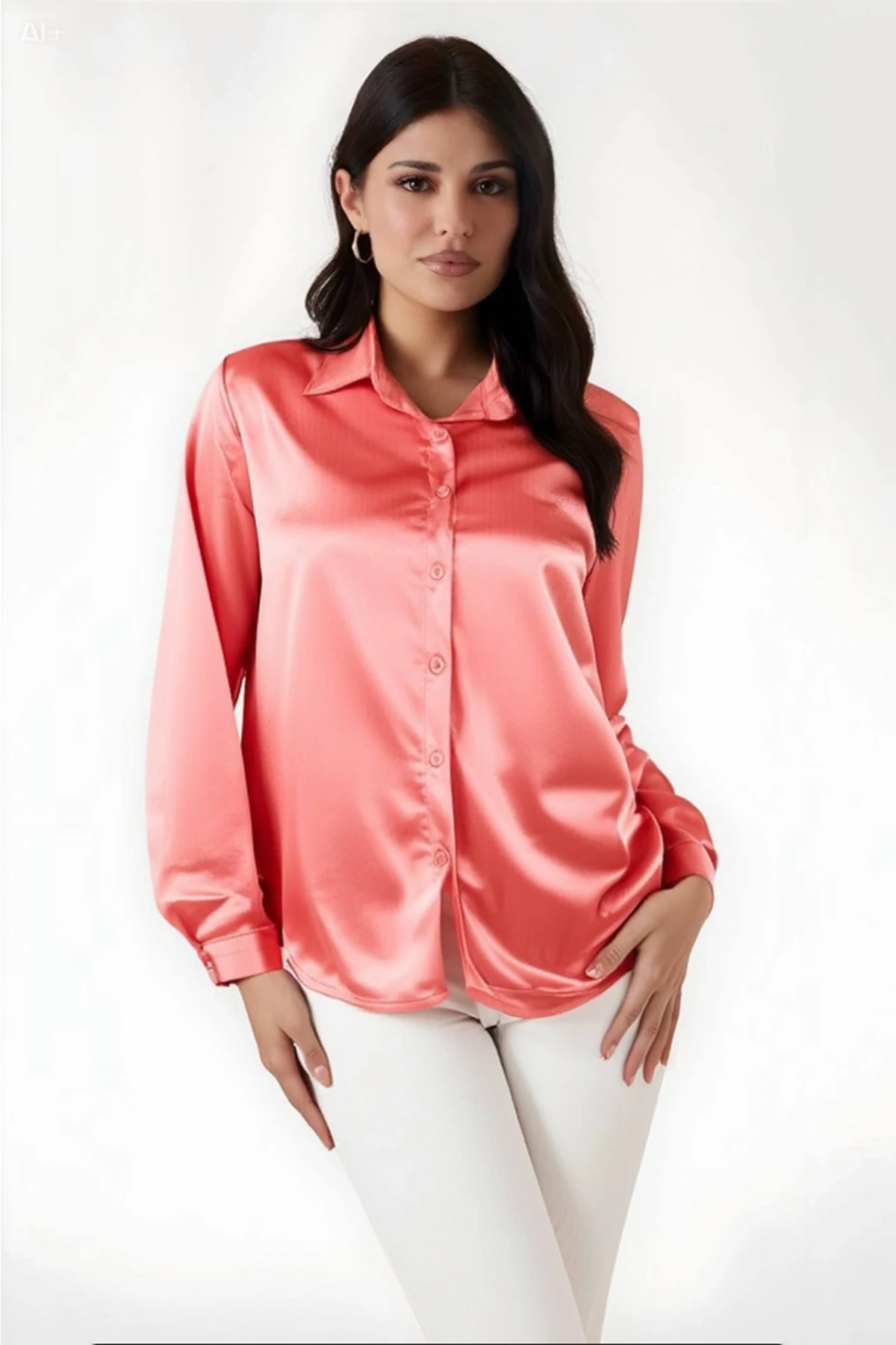 Kadın Somon Hafif Dökümlü Saten Yüzeyli Gömlek HZL22W-BD139641