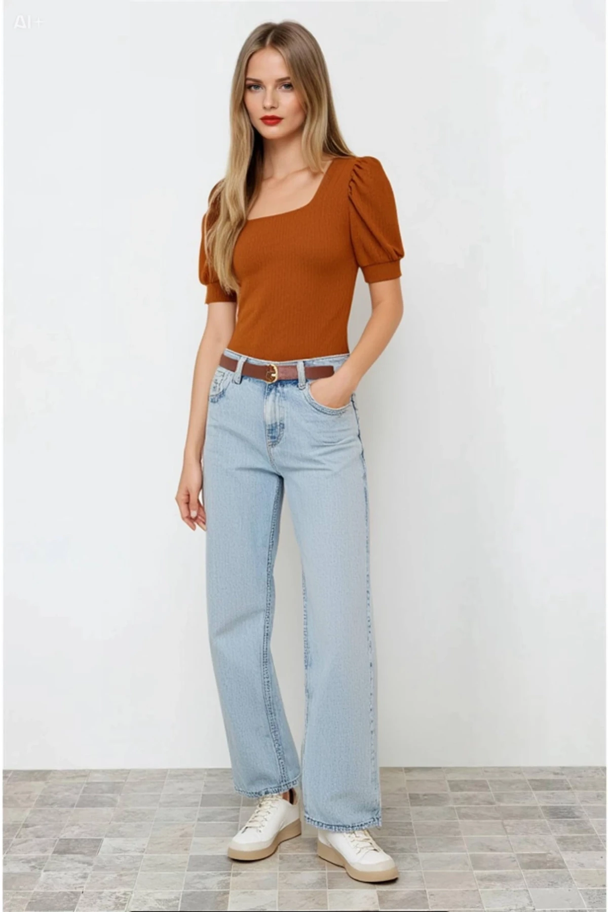 Kadın Taba Kare Yaka Örme Bluz HZL22W-BD104091