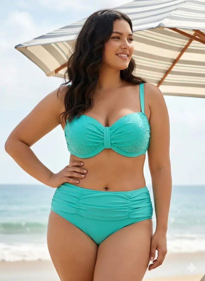 Kadın Turkuaz Taş İşlemeli Astarlı Büyük Beden Bikini Takımı HZL25S-LC01