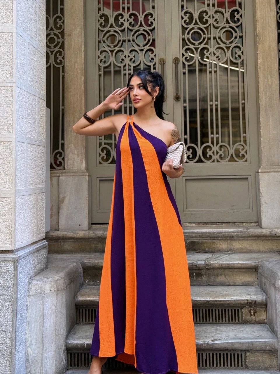 Kadın Turuncu Mor Parça Bloklu Omuz Detay Elbise HZL25S-DSB107651