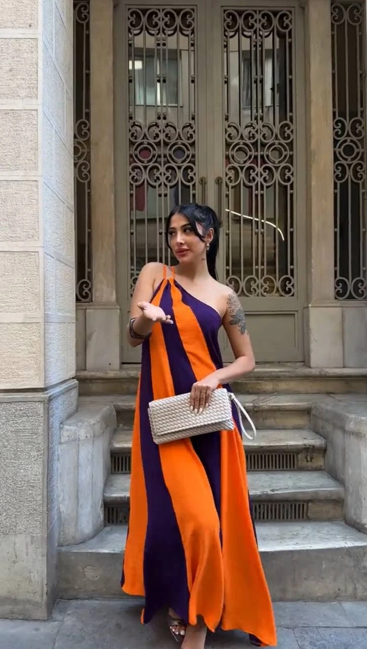 Kadın Turuncu Mor Parça Bloklu Omuz Detay Elbise HZL25S-DSB107651