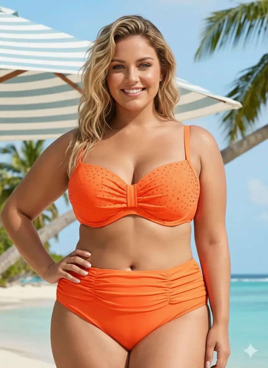 Kadın Turuncu Taş İşlemeli Astarlı Büyük Beden Bikini Takımı HZL25S-LC01