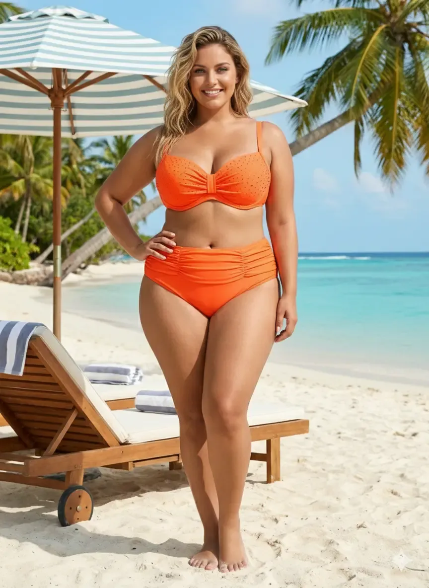 Kadın Turuncu Taş İşlemeli Astarlı Büyük Beden Bikini Takımı HZL25S-LC01