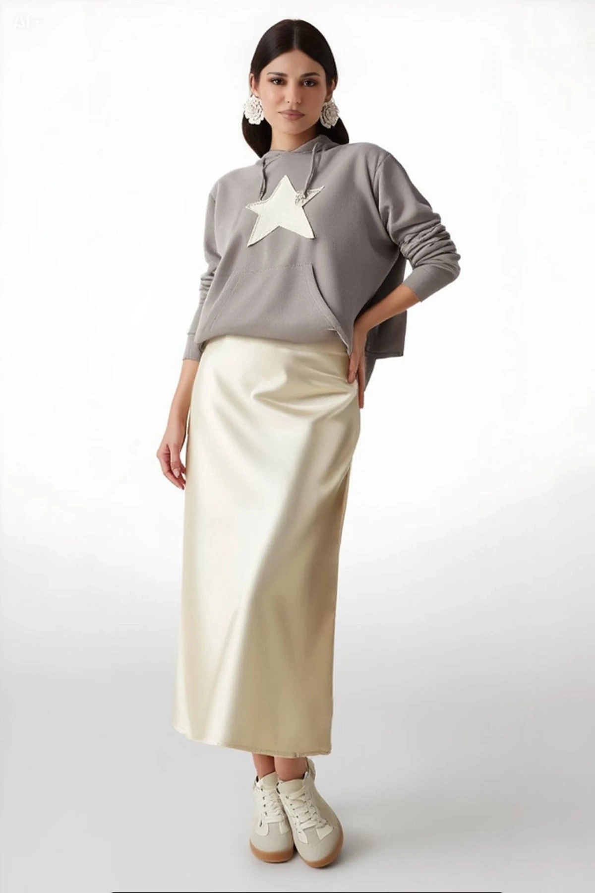 Kadın Vanilya Saten Yüzeyli Beli Lastikli Midi Boy Etek Hzl23s-bd1101471
