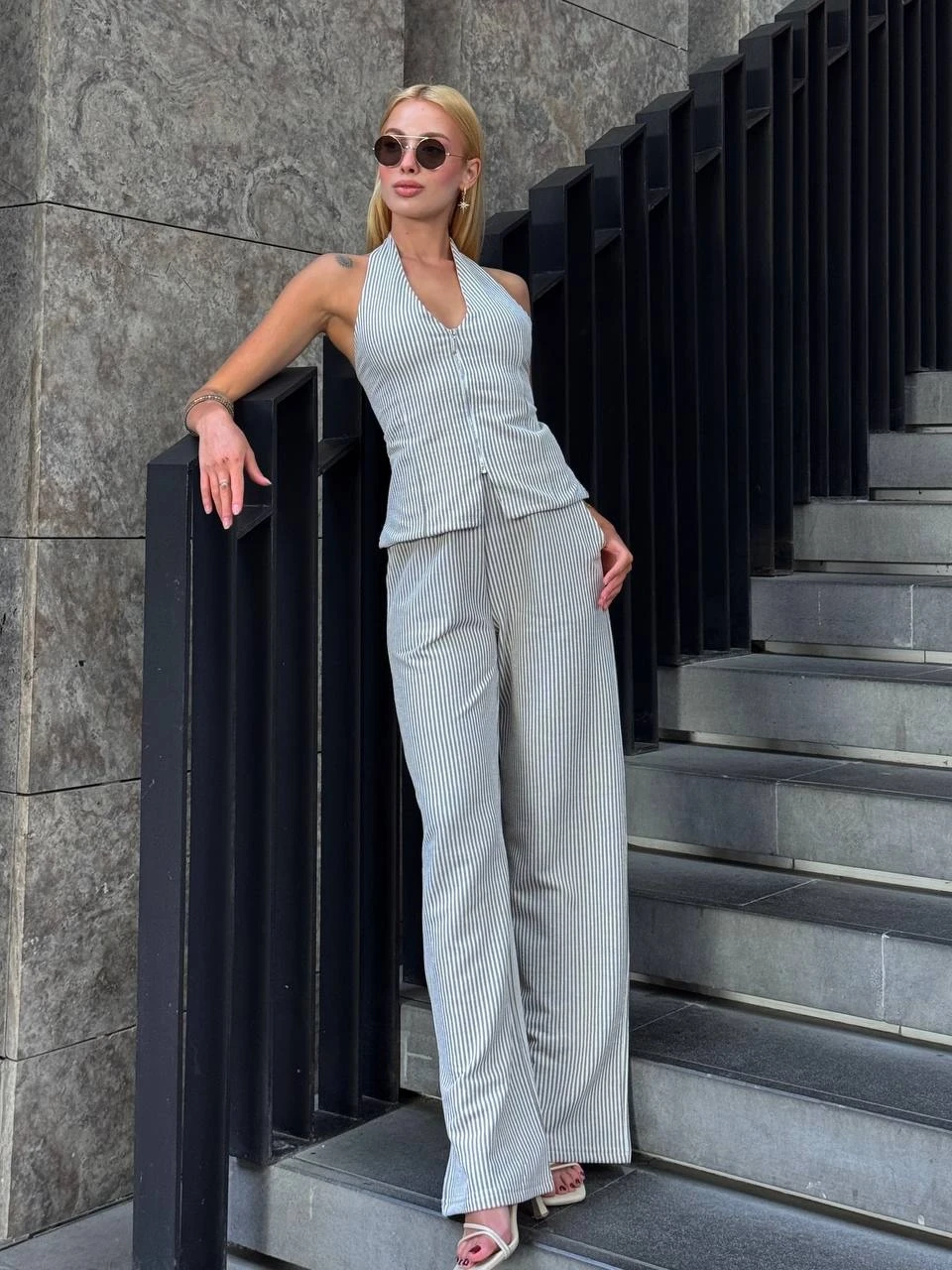 Kadın Vizon Çizgili Önü Fermuarlı Bluz Pantolon İkili Takım HZL25S-ZK13691
