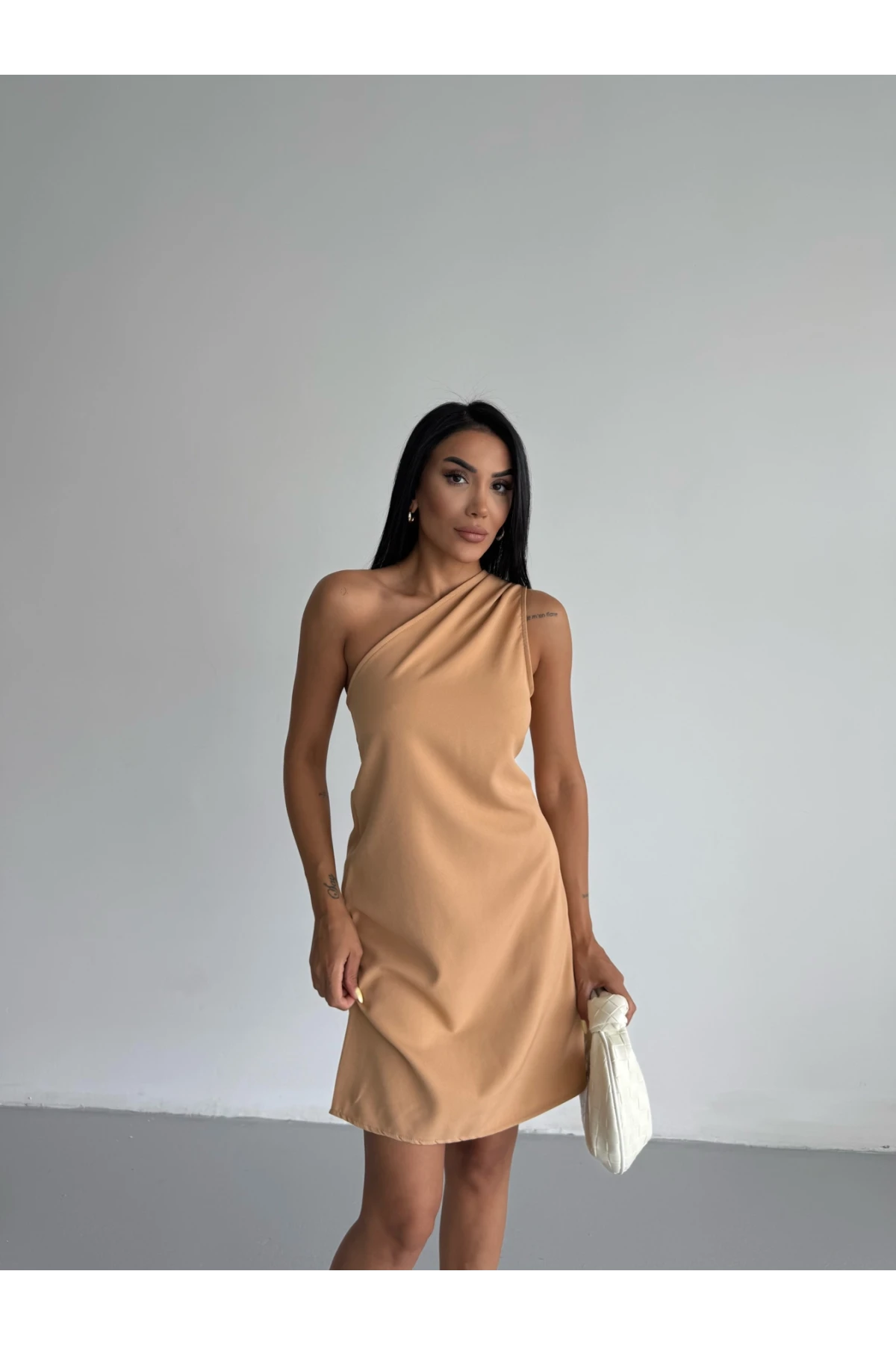Kadın Vizon Tek Omuz Mini Elbise HZL25S-FRY121791