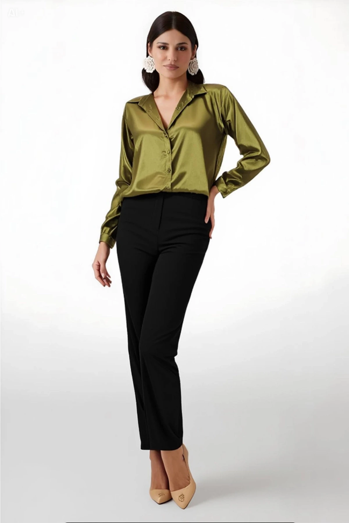 Kadın Yağ Yeşili Hafif Dökümlü Saten Yüzeyli Gömlek HZL22W-BD139641