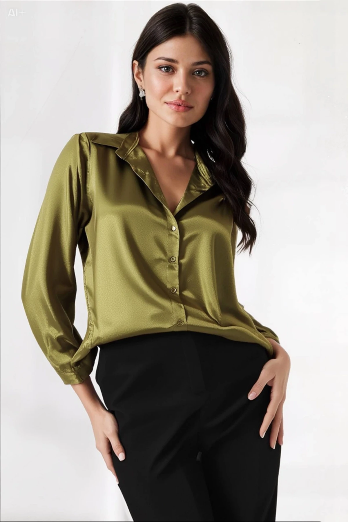 Kadın Yağ Yeşili Hafif Dökümlü Saten Yüzeyli Gömlek HZL22W-BD139641