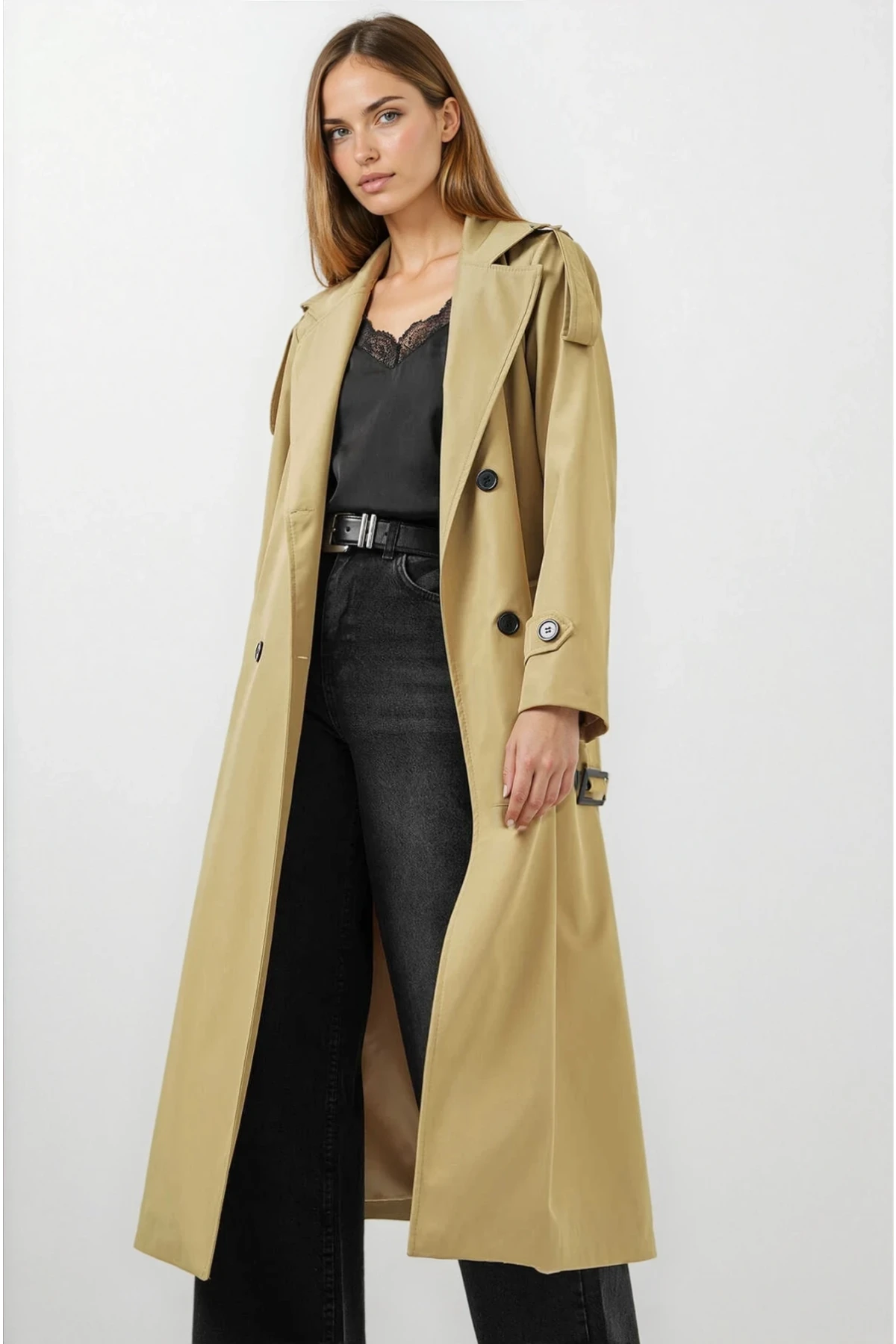 Kadın Yağ Yeşili  Kruvaze Yaka Astarlı Kemerli Mevsimlik Trençkot HZL25W-BD159411