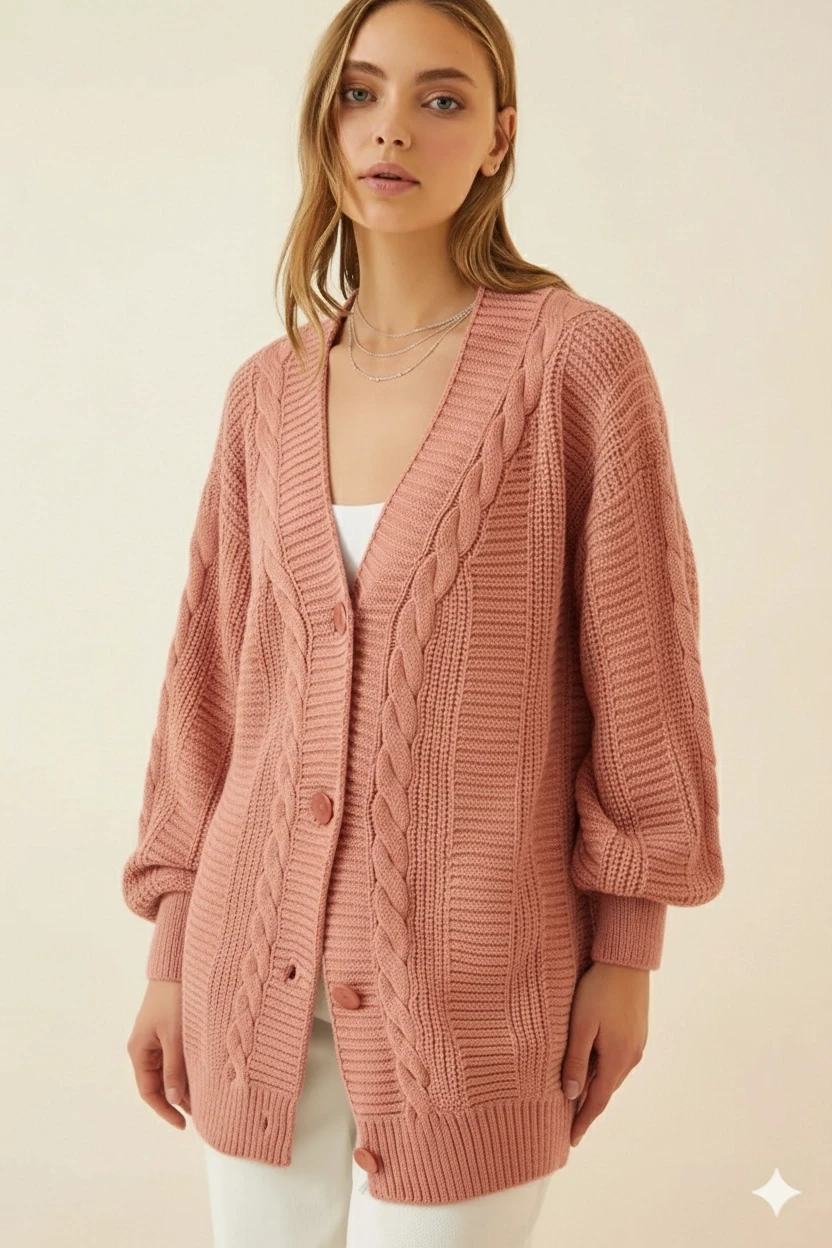 Kadın Yavruağzı Saç Örgü Desen Uzun Düğmeli Rahat Kesim Triko Hırka HZL23W-BD1100691