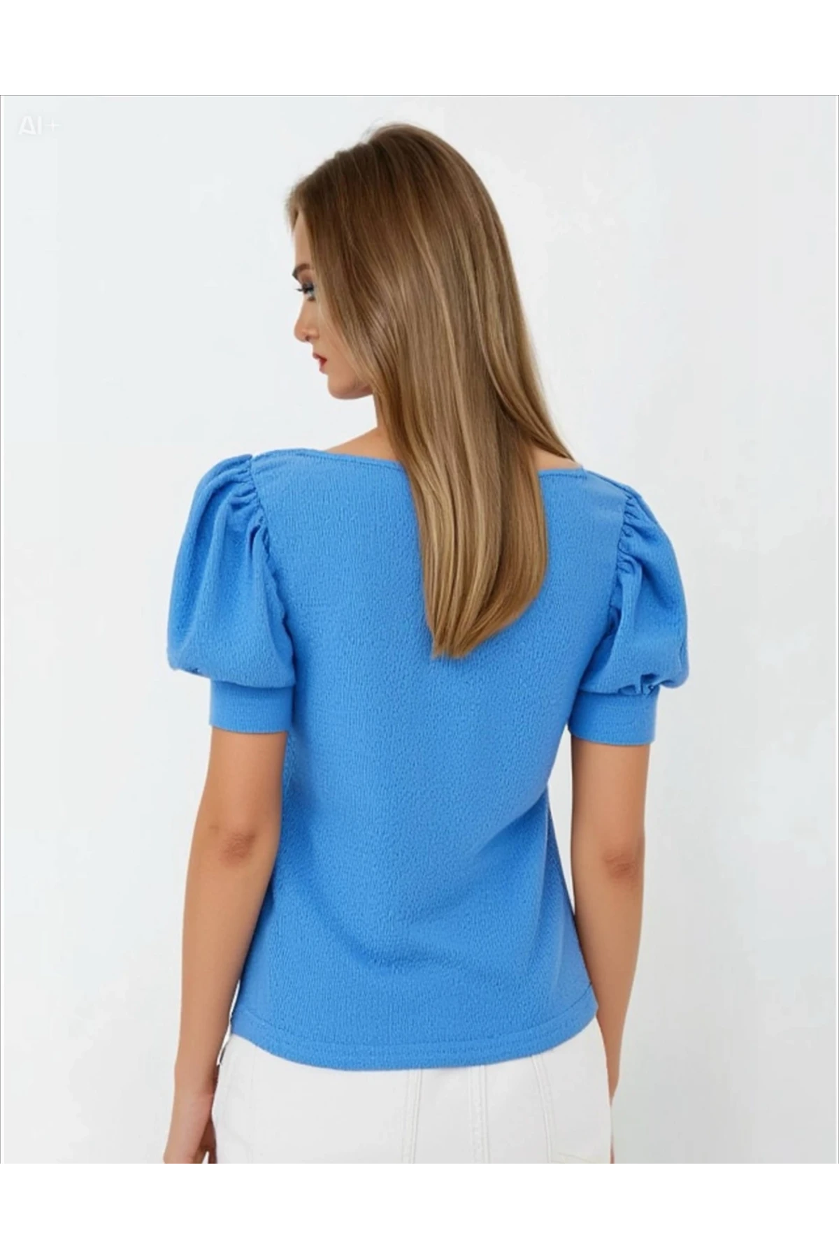 Kadın Yeni Mavi Kare Yaka Örme Bluz HZL22W-BD104091