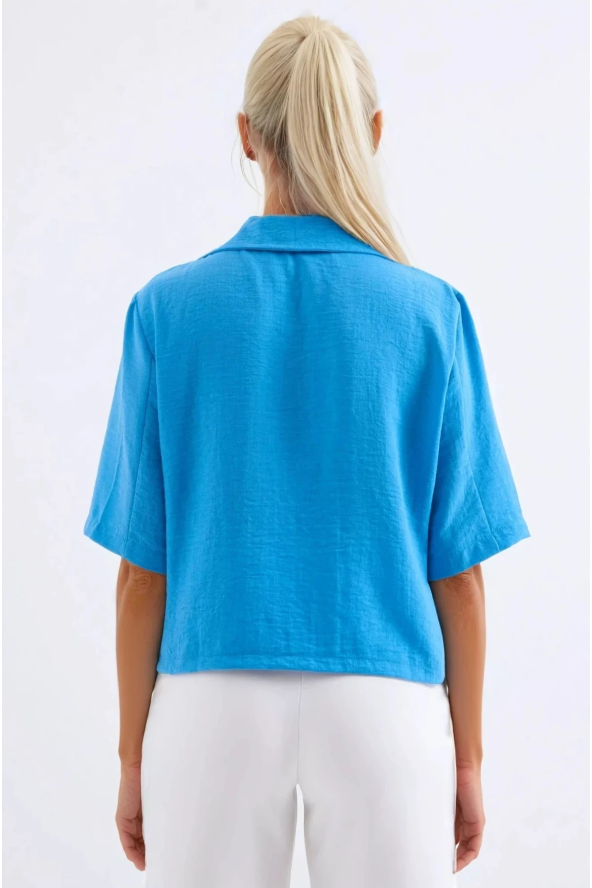 Kadın Yeni Mavi Kısa Kollu Şal Yaka Düğmeli Mevsimlik Keten Ayrobin Ceket HZL24S-BD107061