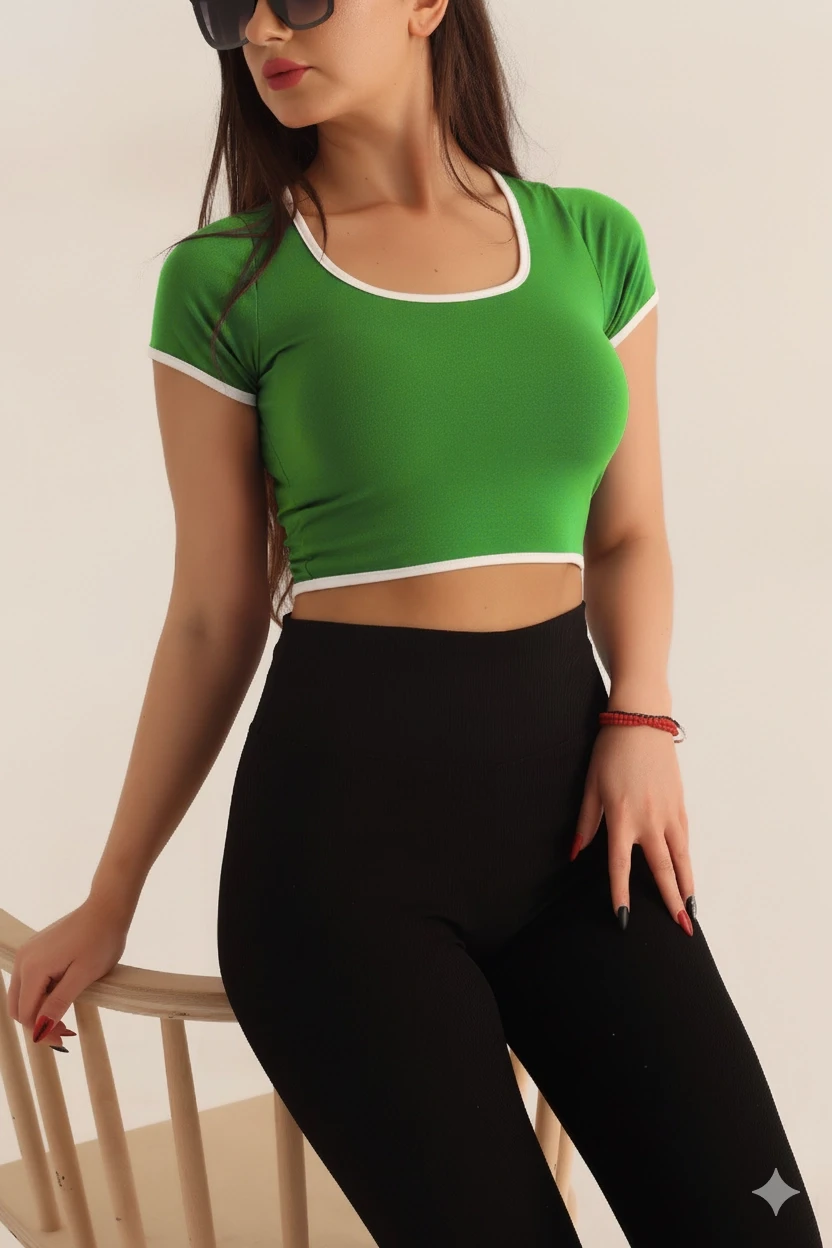 Kadın Yeşil Beyaz Biyeli Kısa Kol Likralı SendyCrop Bluz HZL24S-SND190901