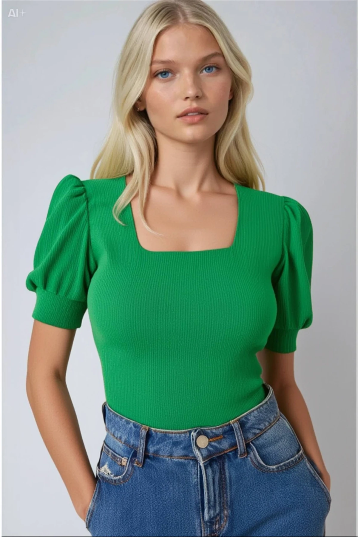 Kadın Yeşil Kare Yaka Örme Bluz HZL22W-BD104091